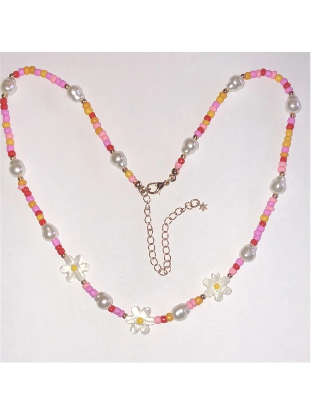 Pink Colorful Seed Bead Beaded Mother of Pearl Flower Necklace